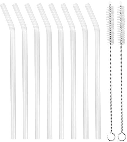 Lot de 8 Paille en Verre Réutilisables, Incurvé Paille Verre Transparente avec 2 Brosses de Nettoyage, Longueur 20 cm Glass Straw Idéal pour Bubble Tea Toutes les Boissons Lait (Courbé)