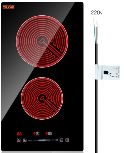 VEVOR Cuisinière électrique intégrée, 2 brûleurs de 30,5 cm, table de cuisson en verre 240 V avec contrôle tactile capteur, minuterie et verrouillage enfant inclus, 9 niveaux de puissance pour mijoter