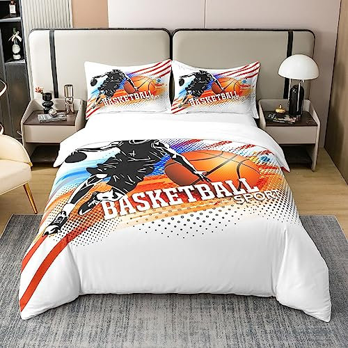richhome 100% Baumwolle Bettbezug Basketball Spieler Dribble Indie Raum, 3D Orange Ball Sport Bettwäsche Set 135x200 für Raum, Streifen Polka Dots Bettwäsche die ganze Saison