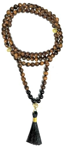 Samsara Original Mala Tibetana da Preghiera 108 Grani in Legno d'Agar AAA ed Onice - Artigianale, Rosario Buddista | 0,5cm di spazio per far scorrere le Perle | Guru e Nappa (MALA)