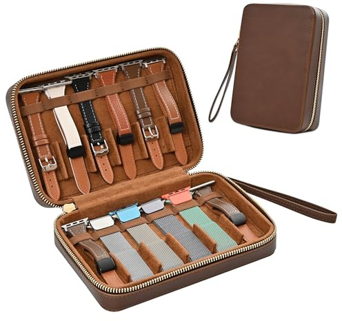 ROSELLE Tragbares braunes Leder-Uhrenarmband-Aufbewahrungsetui für 12 Uhrenarmbänder, Reise-Organizer-Tasche, kompatibel mit allen Serien von Apple Watch und Samsung Uhrenarmbändern, Garmin Watch