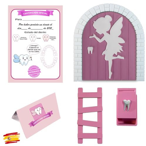 MFS MYFUTURSHOP Myfuturshop® Porte Magique Fée des Dents + Boîte à Dents + Échelle + 4 certificats Clean Tooth. Cadeau Original pour garçons et Filles. (Rose)