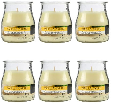 Pack de 6 Velas Aromáticas en Vaso de Yogurt de Cristal Reciclable - 24h de Duración,Cera Vegetal Perfumada, Fabricadas en España, 7x6cm (Vainilla Cream)