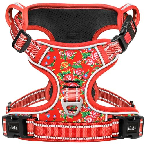 HEELE Hundegeschirr, Brustgeschirre für Hunde, Laufgeschirre Hund mit abschließbarem Schnappverschluss, einstellbare reflektierende Hundegeschirre, Offen am Hals, Anti Zug Dog Harness, Geblümt Rot, L