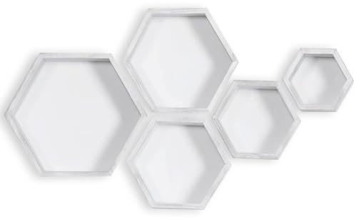 PHOENANCEE Hexagon Wandregal, Wohnzimmer Deko Wand, Holz Hängeregal für Schlafzimmer, 5er-Set(Verwittertes Weiß)
