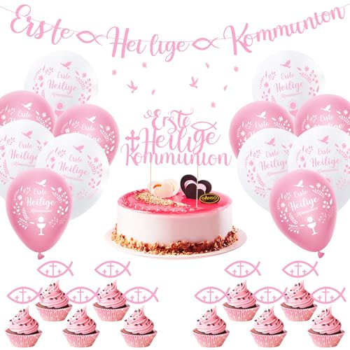 Kommunion Deko,24 Stück Konfirmation Deko Junge Girlande Konfirmation Ballon,Servietten Kommunion Girlande Luftballons Rose Cake Topper Banner Erstkommunion Deko (Rosa)