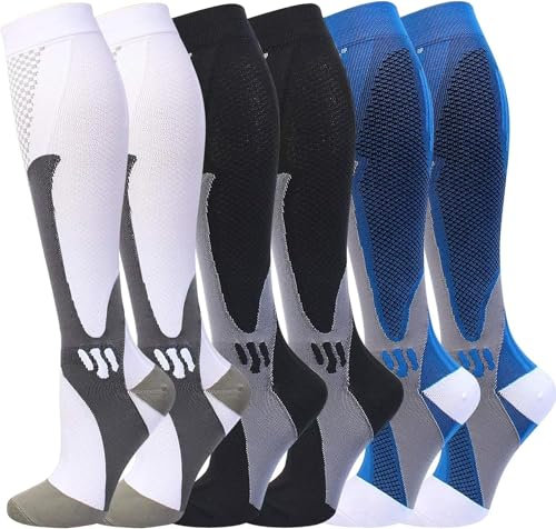 Kompressionssocken (3 Paar) für Männer Zirkulation 20-30mmHg Medizinische Kompressionsstrümpfe Frauen Stillen (Schwarz + Blau + Weiß, XXXL)