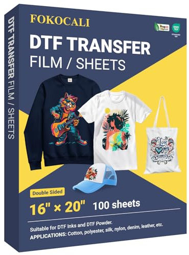 FOKOCALI DTF Transferfolie, 40,6 x 50,8 cm, 100 Blatt, doppelseitig, matt, transparent, Pretreat Blätter, Heißschälpapier, PET-Wärmetransferpapier für DTF-Druck auf T-Shirts, Textil