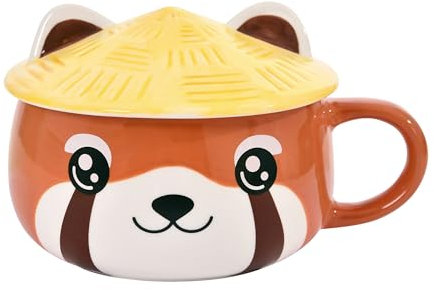 Elbenwald Tasse Kawaii im Roter Panda Design mit Deckel - 450 ml Fassungsvermögen 9 cm Höhe (mit Deckel) - für Anime Fans Keramik Rot