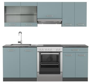 Vicco Küchenzeile R-Line, Blau-Grau/Anthrazit, 200 cm | 5 Module · Höhenverstellbare Füße · Arbeitsplatte Anthrazit · Robuste Fronten · Mit Glasschrank · Frei kombinierbar