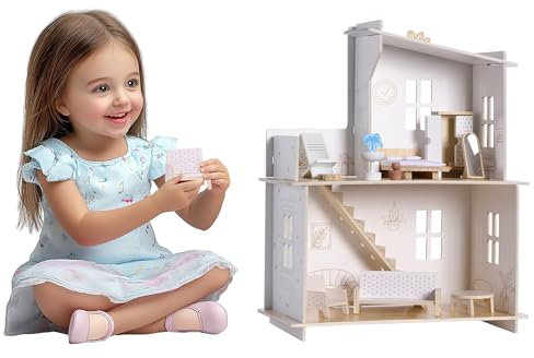 Navaris Holz Puppenhaus ab 3 Jahre - Robustes und Stabiles Design - 2 Etagen und Treppe - Dollhouse inkl. Möbel und 3 Accessoires - Puppenstube mit Zubehör für Mädchen Junge