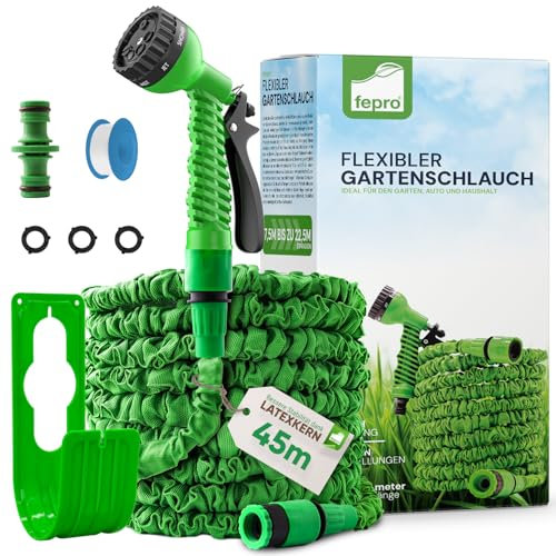 Fepro® Flexibler Gartenschlauch mit 7 Funktion 45m basic, Wasserschlauch flexibel mit 3-Fach Latexkern inkl. Adapter für 1/2' 3/4' Zoll und Wandhalterung, dehnbarer flexiSchlauch