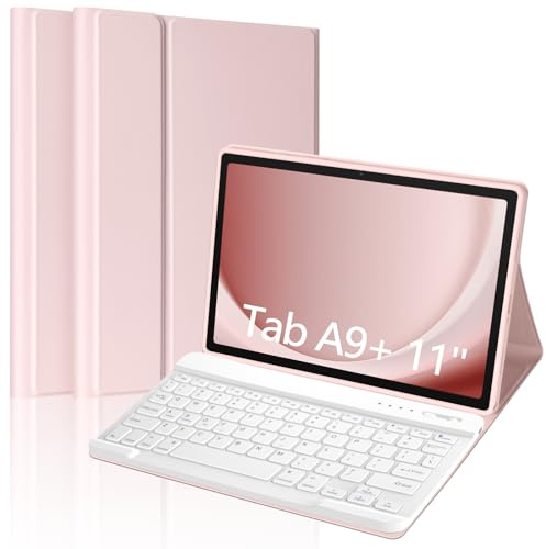 MORECOO Funda para Samsung Galaxy Tab A9 Plus con teclado de 11 pulgadas 2023 (SM-X210/X216/X218), funda para tablet A9 Plus con teclado inalámbrico desmontable, rosa