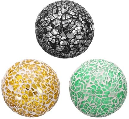 sourcing map 3Pcs Decorative Glass Balls 2.36 Inch Orbs Centerpiece Balls Mosaic Glass Ball Sphere for Decor Bowls Vases Dining Table Party, Silver Black, Gold Tone, Green
