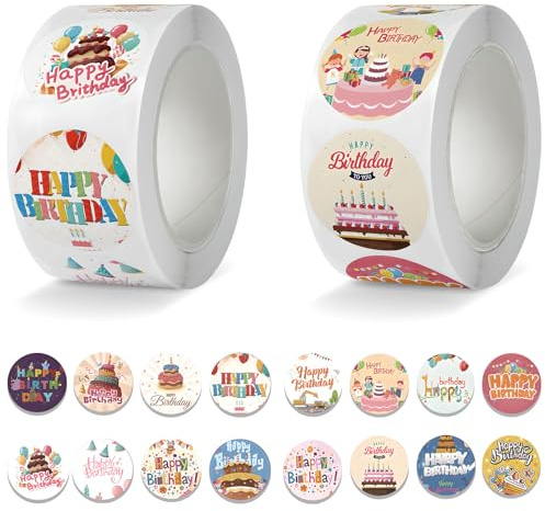 2 Rollen 1000 Stück Happy Birthday Aufkleber, 16 Designs 2,5 cm runde Geburtstags-Siegelaufkleber, selbstklebende süße Happy Birthday-Etiketten für Geschenktüten, Umschläge, Versiegelung von