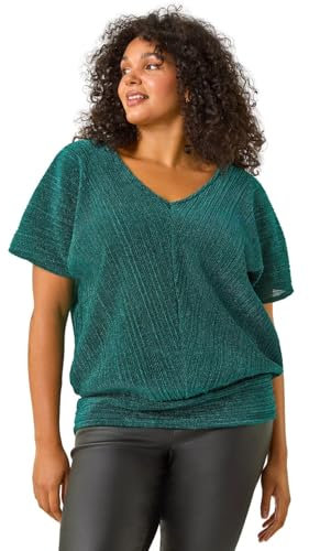 Roman Curve Metallic Plisse Banded Top for Women UK - Ladies Everyday Autumn Winter V-Neckline Comfy Soft Evening Vacation Work Party Night Out - Jade Green Plus - Size 18