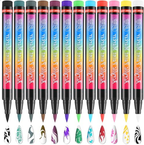 HJZHII 12 Farben 3D Stift Nagelkunststift Set,Nagellackstifte für Nägel,Nagellack Stift Graffiti Stifte Nail Art Nageldesign 3D Pen Schnell Trocknender Acryl Nagelkunst Malstift Mit Weichen Borsten
