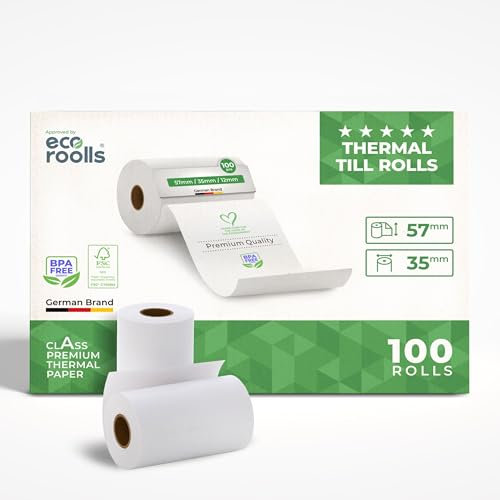 ECO ROOLLS® - Rouleau TPE Carte Bancaire 57x35x12 - Papier Rouleaux TPE - Rouleau CB thermique 57mm - sans BPA - Bobine papier thermique 57mm x 14m x 12mm - [100x]