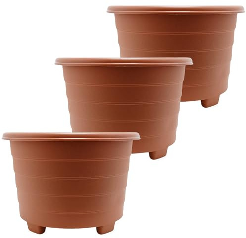 ALEEZ - 22L Plastic Round Planter Plant Pots - Indoor Outdoor Garden Durable Planters - Multipurpose Gardening Flower Pots - Home Patio Herb, Shrub Growing Containers (3, 39cm Terracotta)
