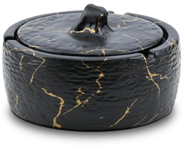 YoHyien Keramik Aschenbecher für Draussen, Wetterfest Windaschenbecher mit Deckel, Sturmaschenbecher für Draußen, Outdoor Tischaschenbecher Geruchsdicht für Balkon, Garten, Terrassen (Schwarz Gold)