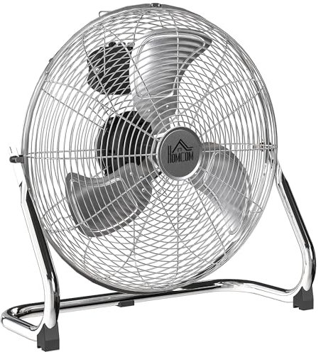 HOMCOM 16 Inches Chrome Metal Floor Fan, High Velocity 3-Speed Home Gym with Adjustable Head, Portable Desk & Table Fan Air Circulator for Home Office, Powerful Airflow, Quiet Operation