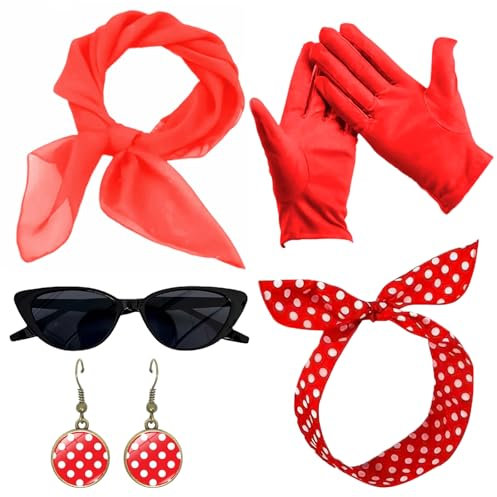50er Jahre Accessoires Damen, 5 Stück 1950s Kostüm Damen Zubehör, mit Chiffon Schal, Katzen Auge Brille, Polka Dots Stirnband Ohrstecker,Handschuh, Bandana Krawatte,für Retro Accessoires,Karneval