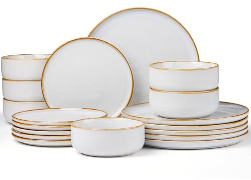 Joyfair Geschirrset 6 Personen, 18-tlg Steinzeug Tafelservice Set, Reaktive Glasur Geschirr Set mit Speiseteller, Dessertteller, Müslischalen, Mikrowellen- & Spülmaschinenfest, Sandiges Beige
