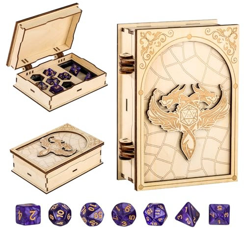 Scatola porta dadi in legno, 7 dadi poliedrici viola, Custodia per drago, Accessori per le serate di gioco D&D, Contenitore per giochi da tavolo, Regali per giocatori di fantasy