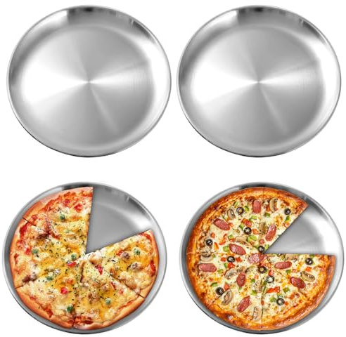PORFOYO Piatti da Campeggio in Acciaio Inox 30 cm, 4 Set di Piatti in Acciaio Inossidabile Inox, Piatti Rotonde in Acciaio Inox, Stoviglie da Picnic e Campeggio per BBQ Picnic Campeggio