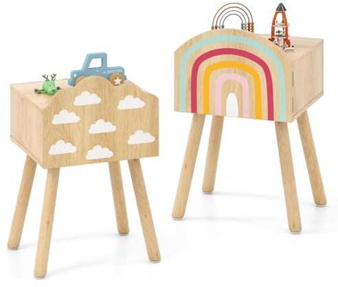 FANTASK Kinder Nachttisch, 2 er Set Nachtkommode mit Regenbogen- & Wolkenmustern kleinem, Beistelltisch niedlich Schrank & Massivholzbeinen, Nachtschrank für Kinderzimmer, 34 x 30 x 54 cm