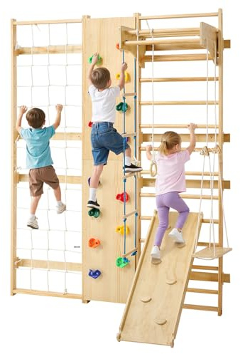 VEVOR Swedish Ladder Wall Gym, 9-in-1 12-Level Solid Wood Gymnastic Stall Bars for Kids Adults, 220LBS Indoor Jungle Gym with Rock Climbing Wall, Gym Rings, Pull-Up Bar, Climbing Board, Slide, Swing
