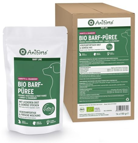 AniForte Barf-Püree Karotte & Cranberry - Bio Obst & Gemüse für Hunde 14x150 g - Futter-Topping zum Barfen, natürliche Barf Ergänzung