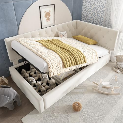 LTGB Daybed Upholstered Bed with Storage, 3FT Single Sofa Bed 90 x 190 cm, Ottoman Bed with Hydraulic Storage, Metal Slatted Bed Frame, Velvet, Beige (No Mattress)