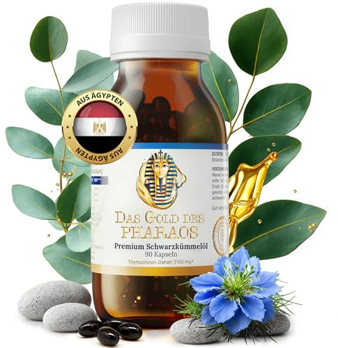 The Pharaoh’s Gold Schwarzkümmelöl Kapseln – 90 Kapseln mit 1500 mg Schwarzkümmelöl pro Tagesdosis – Kaltgepresst & vegan – In HPMC-Kapseln – Laborgeprüft & ohne Zusatzstoffe – aus Ägypten