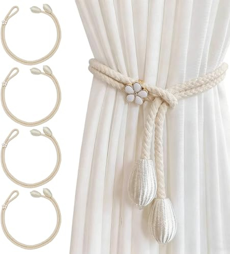 4 PCS Neutral Beige Curtain Tie Backs, Adjustable Curtain Rope with Bohemian Style, Cream Tie Backs for Curtains with Soft Hold, Window Dressings for Living Room & Bedroom