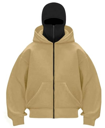 Kapuzen-Sweatshirt, Balaclava, Reißverschluss, Kapuzenpullover, warme Jacke, Hoodie, Motorrad, Windschutz, für Outdoor-Sport, Fahrrad, Jacke, Mantel, Herbst und Winter, langärmlig, beige, für 7- bis 8