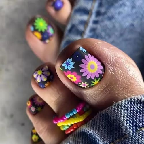 24 Stück künstliche Zehennägel mit Sommerblumen-Motiv, kurze, quadratische, schwarze Zehennägel, bunte Blumenmuster, süße Gänseblümchen, matte schwarze Acryl-Zehennägels für Damen