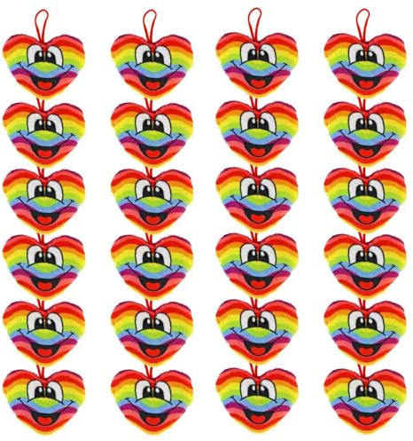 BEMIRO Plüsch Herzen in Regenbogenfarben, 24 Stück, ca. 11 cm, mit Aufhängeschlaufe, Smiley Gesicht, Polyester