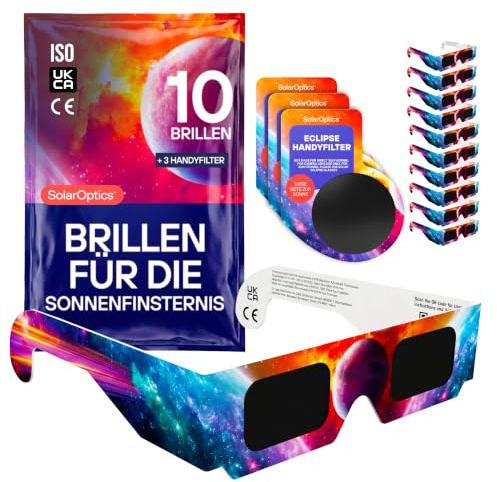 Solar Optics Sonnenfinsternisbrille mit Handy-Filter – ISO 12312-2 & CE-zertifiziert, Sichere Sonnenbeobachtung + Smartphone Filter Set, AAS 2026