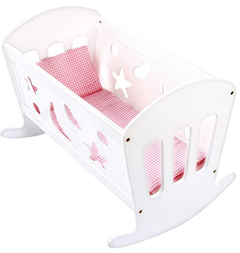 Bino world of toys Puppenwiege mit Bettwäsche, Kinderzimmer Zubehör, Spielzeug für Kinder ab 3 Jahre (weißes Puppenbett inkl. Matratze, Decke & Kissen, seitliche Herz, Mond & Stern Ausschnitte), Weiß, Klein