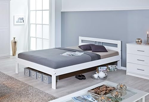 Inter Link – Holzbett - Bettrahmen – Bettgestell – Jugendbett – Gästebett – Einzelbett – Modernes Bett aus Kiefer Massivholz – ohne Lattenrost - Weiss lackiert - Fana 140 x 200 cm