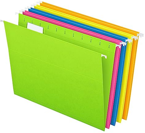 Pendaflex Hanging File Folders, 25-Pack, Letter Size, Bright Neon Assorted Colors, Document Organization for Home Office and School Supplies, Includes Clear Tabs with Labels, 1/5-Cut Adjustable