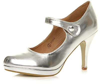 AJVANI mid high Heel Mary Jane Strap Evening Court Shoes Pumps Size 4 37 Silver Metallic