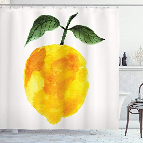 ABAKUHAUS Jaune et Orange Rideau de Douche, Aquarelle Citron, Tissu Ensemble de Décor de Salle de Bain avec Crochets, 175 cm x 200 cm, Jaune Orange Vert