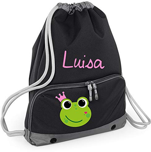 minimutz großer Turnbeutel | Schwimmtasche mit Namen | bedrucken & personalisieren | Motiv Frosch-königin Krone | inkl. Nassfach, großes Hauptfach, Frontfach | Schwimmbeutel, Kinder