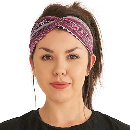 Boho Turban Headbands for Women - Cotton Stretchy Head Wraps Criss Cross Twist Hair Band Bohemian Ottoman Print Hairband Purple