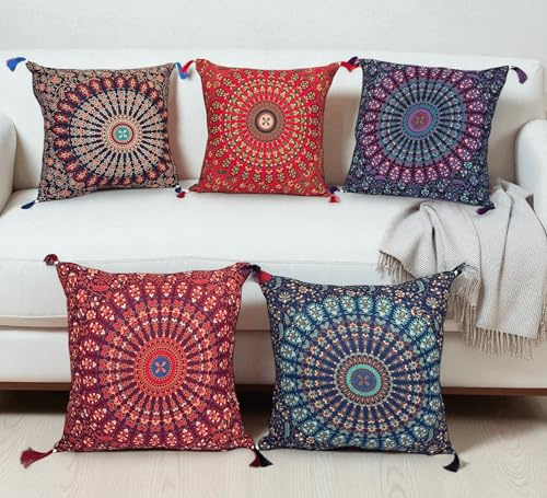 Indischer Mandala-Kissenbezug, 45,7 x 45,7 cm, für Couch, Western-Arabisches Dekor, 5 Stück, bunt, Outdoor, Boho, Urlaub, Schlafzimmer, Sofa, Hippie, Retro, groß, indische Bohemian-Dekoration