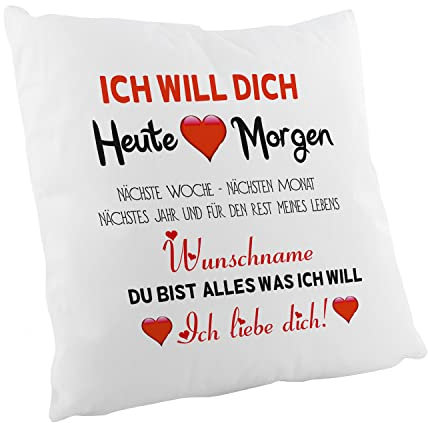 Crealuxe Zierkissen 'Ich Will Dich Wunschname' personalisiert, Sofakissen, Baumwollkissen, Geschenk für Valentinstag