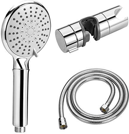 QIWODE Duschkopf Set, Duschkopf mit Schlauch und Halterung, Dusche Sparduschkopf, Schlauch 1,5m, Duschkopfhalterung Ohne Bohren, Wassersparend Handbrause 5 Strahlarten, Chrom