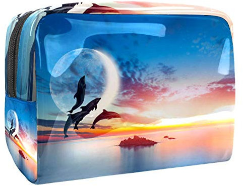 Tragbare Make-up-Tasche mit Reißverschluss, Reise-Kulturbeutel für Frauen, praktische Aufbewahrung, Kosmetiktasche, Delfine über dem Meer
